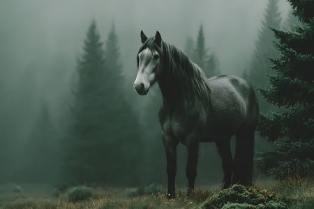 A striking black horse stands gracefully amidst a misty forest, surrounded by towering pine trees. the ethereal atmosphere is enhanced by the fog, creating a serene and mystical nature scene. Generative AIの素材
