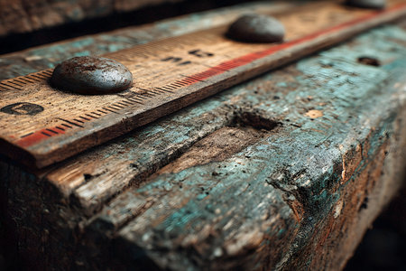 A close-up of a vintage wooden measuring tool resting on a weathered, textured wooden surface. the image highlights the rustic, industrial aesthetic with rich textures and natural wear, ideal for design and print projects. Generative AIの素材