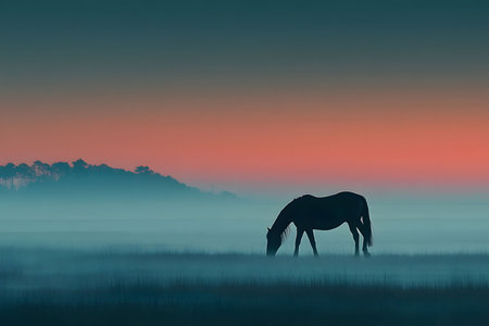 A horse stands peacefully in a mist-covered field against a backdrop of a vibrant sunrise, blending warm hues of orange and cool shades of blue. silhouetted trees border the horizon, enhancing the tranquil ambiance of the scene. Generative AIの素材