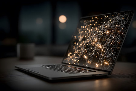 A modern laptop sits on a desk in a dimly lit room, its screen displaying a network visualization with interconnected nodes and lines glowing in the dark. the ambient light and out-of-focus background create a tech-centric atmosphere. Generative AIの素材