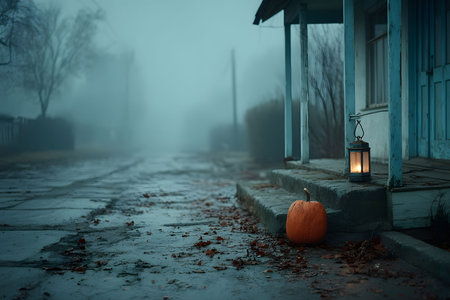 A serene autumn street enveloped in fog features a rustic porch with a solitary pumpkin and glowing lantern. the misty evening ambiance creates a mysterious and tranquil atmosphere, ideal for seasonal or halloween themes. Generative AIの素材
