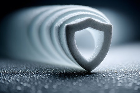 Abstract representation of digital security featuring a foam-like shield icon on a textured surface. the layered background creates a sense of depth and dimension, emphasizing themes of safety and protection in technology. Generative AIの素材