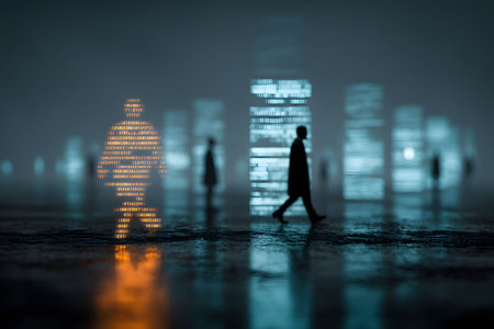 A futuristic cityscape illuminated by blurred skyscrapers with digital codes. a glowing binary silhouette stands out, representing the concept of digital identity and transformation amidst urban life. Generative AIの素材