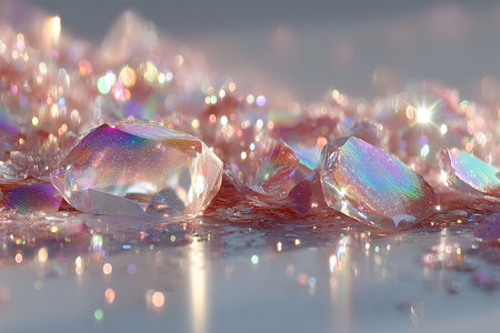 Iridescent crystals glimmer on a textured surface, reflecting pastel hues and creating a magical, ethereal atmosphere. the varied reflections enhance the visual appeal, making it ideal for creative design, background, and art projects. Generative AIの素材