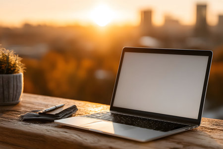 A sleek laptop sits on a wooden surface against the backdrop of a vibrant city skyline at sunset. the warm glow highlights the serene atmosphere, ideal for work, creativity, or relaxation in an urban setting. Generative AIの素材