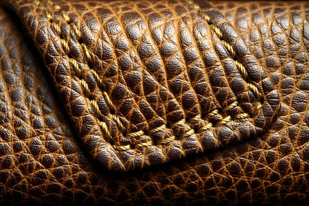 Rich brown leather showcases intricate stitching, exemplifying craftsmanship and luxury. the textured pattern highlights the quality and attention to detail, making it ideal for fashion, design, and material concept projects. Generative AIの素材