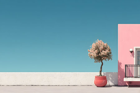 Minimalist design featuring a vibrant pink building facade against a clear blue sky. a solitary blossoming tree in a red pot adds contrast, emphasizing serenity and mediterranean architectural style. Generative AIの素材