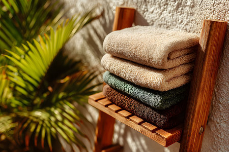 A neatly folded stack of soft towels sits on a rustic wooden ladder, set against a sunlit outdoor wall. a vibrant tropical plant adds a touch of nature and relaxation, perfect for spa-themed designs. Generative AIの素材