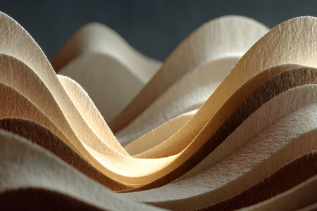 Curved wooden waves create an abstract and artistic texture, smooth lines and natural patterns. ideal as a background in design projects or artistic compositions, showcasing the elegance and versatility of wood. Generative AIの素材