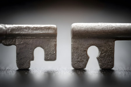 Two antique keys positioned head-to-head on a dark background, focusing on intricate details and texture. the image symbolizes concepts of security, connection, and mystery, suitable for themes in technology, history, or relationships. Generative AIの素材