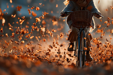 A person rides a bicycle through a picturesque autumn scene, surrounded by swirling orange and red leaves. the warm sunset light casts a golden hue, the seasonal beauty and the joy of cycling through nature. Generative AIの素材