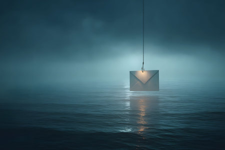 A solitary envelope dangles on a hook above a misty ocean at night, conveying themes of mystery and suspense. the calm waters reflect the dim, ethereal glow, enhancing the enigmatic atmosphere. Generative AIの素材