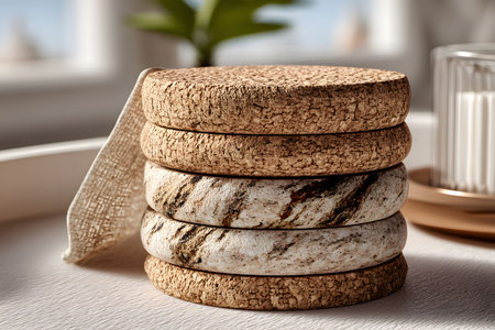 A stack of round cork and stone coasters placed in a sunlit room, showcasing natural textures and earthy tones. the composition emphasizes tranquility and simplicity, perfect for home decor or restaurant aesthetics, enhancing any setting with an eco-friendly touch. Generative AIの素材