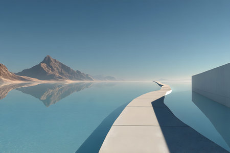A tranquil desert oasis with still water perfectly reflecting distant mountains under a clear blue sky. a curved path leads to a modern structure, creating a serene and minimalist landscape. ideal for peaceful decor and wall art. Generative AIの素材
