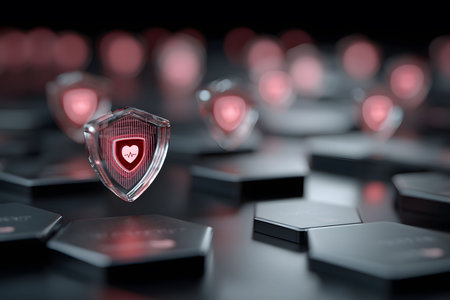 Digital shield icons featuring heartbeat symbols emphasize the intersection of technology and health. the scene, with glowing red accents, represents the protection and innovation in digital healthcare solutions. Generative AIの素材
