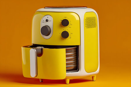 Vibrant yellow air fryer with a retro design set against an orange background, its sleek appearance and modern functionality. perfect for trendy kitchen decor and culinary inspiration. Generative AIの素材