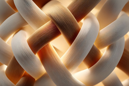 A close-up of an intricate woven pattern showcasing interlaced strands in warm tones. the abstract design emphasizes texture and depth, making it ideal for artistic and creative projects or visual inspiration. Generative AIの素材