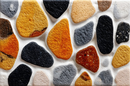A close-up view of an abstract decorative stone pattern featuring varied shapes and colors on a white backdrop. this design is ideal for use in interior decorations, providing a textured and artistic aesthetic. Generative AIの素材