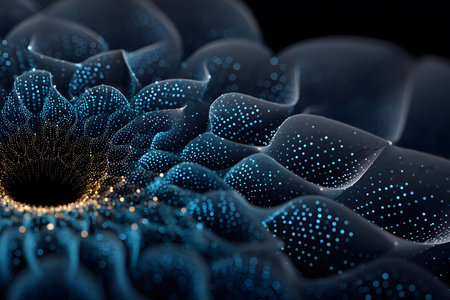 Abstract digital artwork featuring a futuristic blue and gold floral pattern. highlighting intricate geometric shapes and glowing dots, this design conveys modernity and technology, suitable for posters and digital media. Generative AIの素材