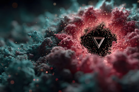 A vibrant cosmic nebula scene featuring swirling teal and pink clouds with a central geometric triangle. the interplay of colors and space elements creates a futuristic and dynamic visual ideal for modern art applications. Generative AIの素材