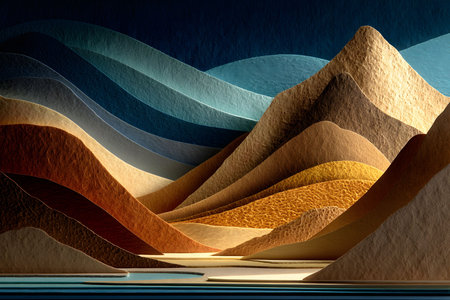 Dynamic abstract mountain landscape featuring layered paper textures in warm and cool tones. this unique art piece evokes a sense of depth and movement, ideal for modern design projects, posters, and creative inspiration. Generative AIの素材