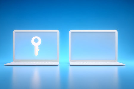 Two laptops are displayed against a gradient blue background, each with a screen showing a white key symbol. this visual representation emphasizes themes of cybersecurity, encryption, and data protection in a digital environment. Generative AIの素材