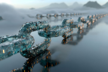 A digital representation of blockchain technology is depicted with futuristic chain links seamlessly extending into a misty, mountainous landscape. the chain symbolizes connectivity, security, and innovation in digital networks. Generative AIの素材