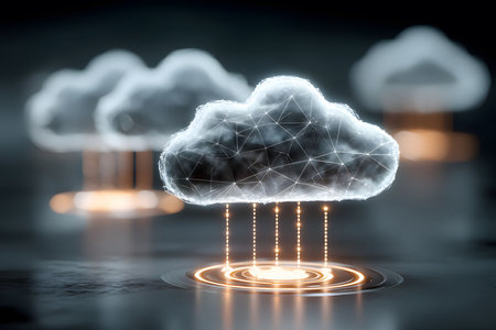 Futuristic digital cloud rendering showcasing a network of connections and illuminated pathways. ideal for technology-themed designs, emphasizing digital communication and data network innovation. Generative AIの素材
