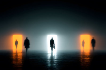 Silhouetted figures stand at illuminated doorways, creating a scene of mystery and decision-making. the abstract lighting contrasts against the dark surroundings, emphasizing themes of choice, journey, and introspection. Generative AIの素材