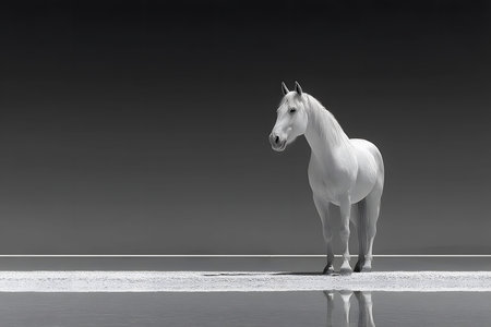 A striking white horse stands gracefully on a salt flat, its reflection mirrored in the glossy surface. the minimalist, monochromatic scene highlights the serene beauty and elegance of the horse against a vast, dark horizon. Generative AIの素材