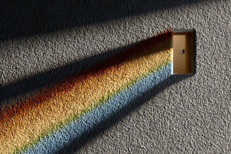 A vibrant spectrum of colors pours through a slightly open door into a dimly lit room, casting a stunning rainbow effect on a textured wall. the contrast highlights the door's frame, creating a dramatic blend of colors and shadows. Generative AIの素材