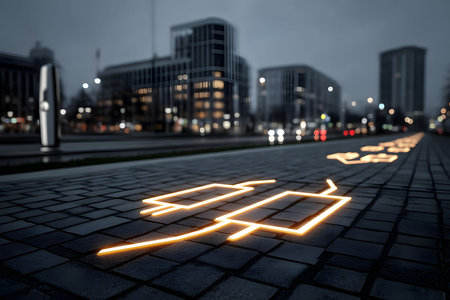Evening urban landscape featuring glowing geometric designs embedded in a cobblestone walkway, with blurred city buildings in the background. captures modern architectural aesthetics and innovative city planning concepts. Generative AIの素材