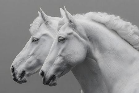 Two white horses with flowing manes stand side by side against a gray background. their elegant stature and smooth coats exude grace and serenity, making this image ideal for artistic decor or equine-themed designs. Generative AIの素材