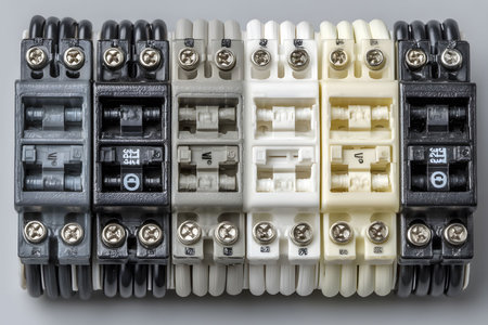 A detailed view of a multifunctional electrical terminal block assembly featuring multiple connectors in gray, black, and white. ideal for industrial and engineering design elements, emphasizing precision and functionality. Generative AIの素材