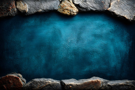 A deep blue textured background framed by rugged, natural stones forms a rustic and organic setting. ideal for design purposes, this textured backdrop evokes a sense of nature and simplicity, providing a versatile aesthetic for various creative projects. Generative AIの素材