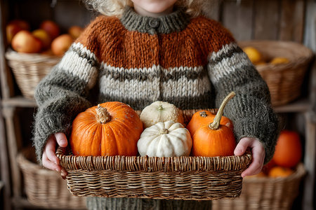 A child in a cozy sweater holds a wicker basket filled with assorted pumpkins. set against a rustic backdrop with baskets of apples, this image evokes warmth and the bounty of the autumn harvest season. Generative AIの素材