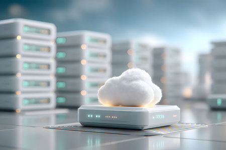 A futuristic depiction of cloud computing featuring a stylized cloud hovering above a sleek data storage unit in a modern server farm. the scene highlights advanced technology, digital innovation, and efficient data management systems. Generative AIの素材