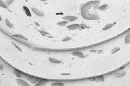 A monochrome close-up capturing textured layers, revealing intricate holes and patterns. the...