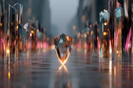 Geometric glass structures, intricately designed and illuminated, line a reflective urban street at dusk. the symmetry and light reflections create a futuristic cityscape, merging art and architecture in a mesmerizing display. Generative AIの素材
