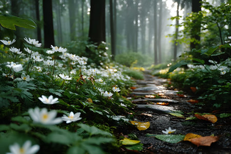 Mist envelops a serene forest trail, bordered by delicate white wildflowers and lush greenery. the dappled sunlight filters through towering trees, creating a calm and inviting atmosphere perfect for reflection and nature walks. Generative AIの素材