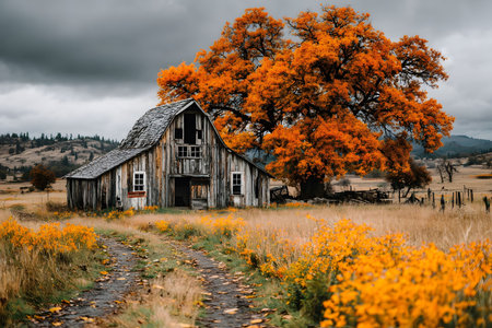 Weathered barn nestled in an autumnal countryside, surrounded by vivid orange foliage and wildflowers. overcast skies enhance the rustic charm, creating a tranquil and picturesque rural landscape. Generative AIの素材