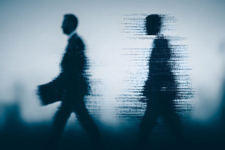 Silhouetted figures of businesspeople walking are blurred with a digital distortion effect, symbolizing the impact of technology on communication and the fast-paced nature of modern work life. Generative AIの素材