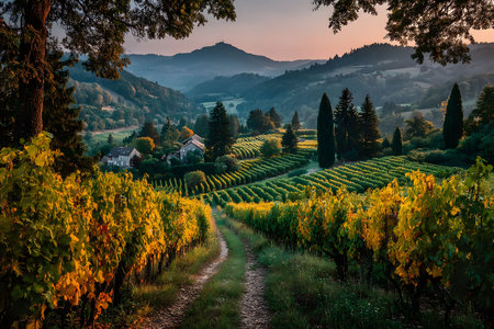 A serene morning view of a countryside pathway flanked by lush vineyards, with a distant mountain and village nestled in the valley. the golden hues of sunrise illuminate the autumn foliage, creating a tranquil and picturesque landscape. Generative AIの素材