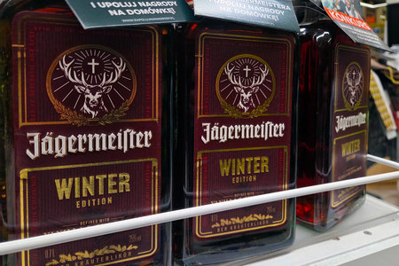 Wroclaw, Poland, November 22, 2025: Jagermeister Winter Edition Bottles in Store Display for Seasonal Beverage Promotionsのeditorial素材