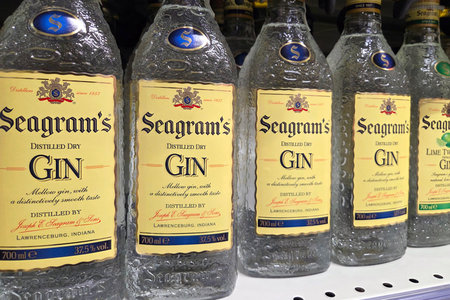 Wroclaw, Poland, November 24, 2025: Distinctive Seagrams Gin Bottles Displayed on Store Shelf for Retailのeditorial素材