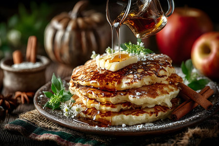 Stack of fluffy pancakes topped with butter on a rustic plate, drizzled with maple syrup. surrounded by autumnal elements like pumpkins, apples, and cinnamon sticks, creating a seasonal, cozy breakfast scene. Generative AIの素材