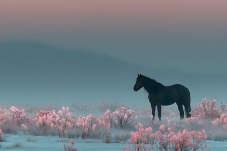 A lone black horse stands gracefully amidst a field of pink blossoms under a soft, misty sunrise. the calm, frosty winter landscape exudes tranquility, with gentle hues of blue and pink blending seamlessly in the morning light. Generative AIの素材