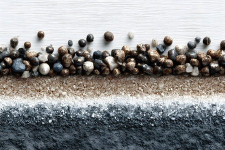 Natural texture with layers of varied stones and sand on a white background. perfect for design projects and backgrounds, the arrangement displays a harmonious blend of organic materials and visual contrast. Generative AIの素材