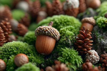 Acorns and pine cones rest on vibrant green moss, creating a rich autumn scene. the textures and earthy tones illustrate the beauty of fall and nature, making it ideal for seasonal decor or design elements. Generative AIの素材