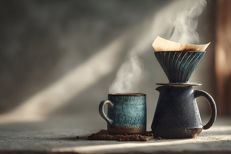 Brewed coffee gently steaming in ceramic cups and a rustic pour-over setup, the simplicity of a morning ritual. sunlight filters through, casting soft shadows and lending a warm, cozy feel to the scene. Generative AIの素材
